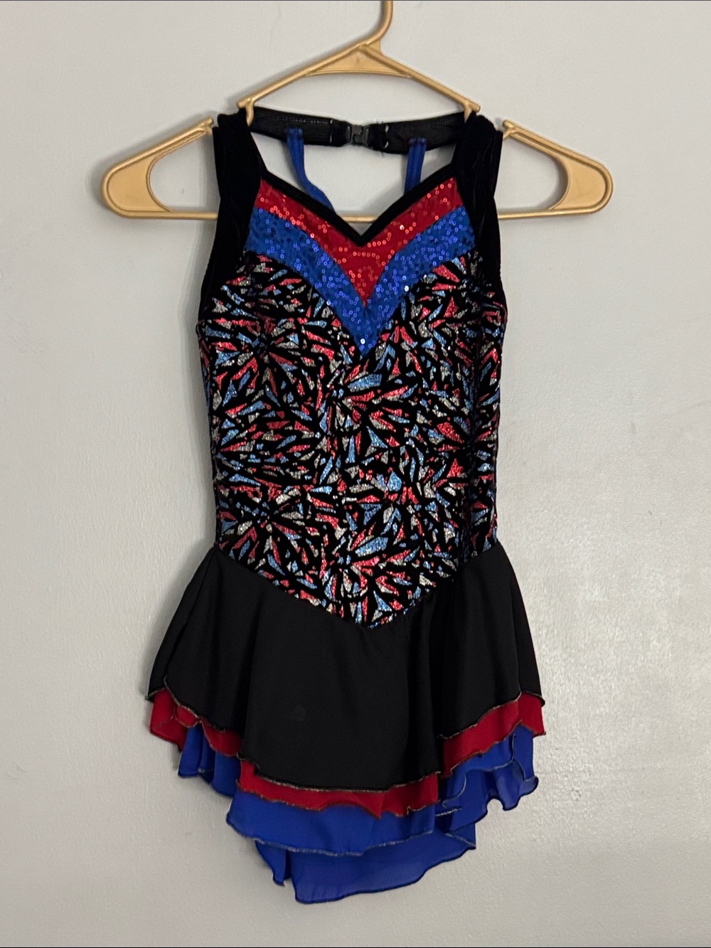 Kids Black Velvet Figure Skating Dress with Red and Blue Sequin Accents
